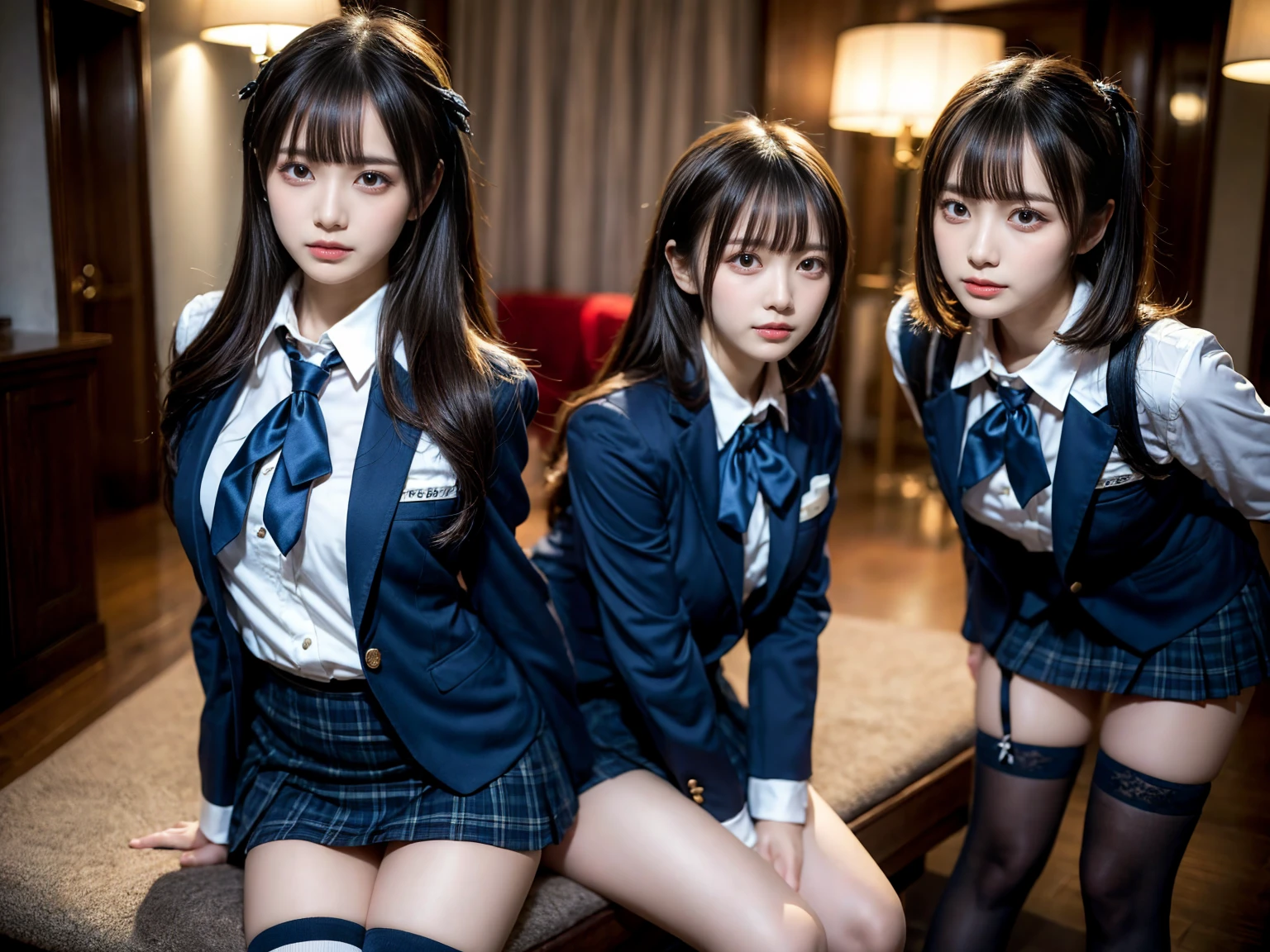 masterpiece, best quality, illustration, Super detailed, fine details, High resolution, 8K,wall paper, perfect dynamic composition,(Details High quality, realistic depiction of eyes:1.3), ((2 girls, 2 schoolgirls)), The background is a luxury hotel room、High school girl uniform、blazer 、Super Short Check Uniform Skirt、Navy blue high socks、garterbelts、Colossal tits、Disturbed uniform, Play with each other,Touching each other's bodies,Touching the body of the girl next door, short bob hair, black hair color, huge breasts, Big Natural Color Lip, bold sexy pose, (perfect body shape), crying a little、Harajuku style、Beautiful makeup,glitter makeup,Cutest 18 years old, beautiful legs, hposing Gravure Idol, Voluptuous thighs