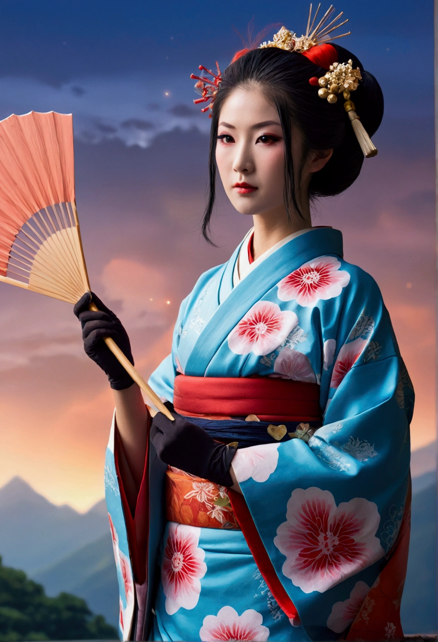 super huge mountain、The Alps、Nice views、Wonderful nature、Fantasy、Huge waterfall、High resolution、Highest quality、Masterpiece, Highest quality,One girl, Long Hair, hair bow, , alone, hair band, bird, Black Hair, Short sleeve, gloves, sash, pants, bangs, red hair band, arms, chest, Brown eyes, colorful kimono, Confused, A light smile, Official Art, Good composition, Official pose, detailed Portraiture, Portraiture, bokeh, Clouds and mountains background, warrior,, High resolution, Dramatic lighting and shadows, Solar flare, Blurred foreground 24k,High quality masterpiece, landscape, cloud, Bright starry sky. Traveler, Romantic Light, sexy pose , Concept Art, Lofi Art Style, reflection. Roffie Art, Beautiful , Detailed landscape — width 672, Enhanced Details. change, Leprechaun,A woman in a kimono holding a folding fan and a uchiwa fan, Traditional Japanese, Japanese style, Japanese Goddess, glamorous and sexy geisha, Traditional beauty, in kimono, geisha, beauty geisha, Inspired by , traditional geisha clothing, geisha makeup, organic seductive geisha, geisha make up
