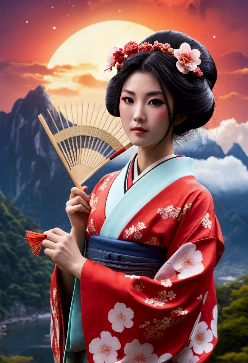 super huge mountain、The Alps、Nice views、Wonderful nature、Fantasy、Huge waterfall、High resolution、Highest quality、Masterpiece, Highest quality,One girl, Long Hair, hair bow, , alone, hair band, bird, Black Hair, Short sleeve, gloves, sash, pants, bangs, red hair band, arms, chest, Brown eyes, colorful kimono, Confused, A light smile, Official Art, Good composition, Official pose, detailed Portraiture, Portraiture, bokeh, Clouds and mountains background, warrior,, High resolution, Dramatic lighting and shadows, Solar flare, Blurred foreground 24k,High quality masterpiece, landscape, cloud, Bright starry sky. Traveler, Romantic Light, sexy pose , Concept Art, Lofi Art Style, reflection. Roffie Art, Beautiful , Detailed landscape — width 672, Enhanced Details. change, Leprechaun,A woman in a kimono holding a folding fan and a uchiwa fan, Traditional Japanese, Japanese style, Japanese Goddess, glamorous and sexy geisha, Traditional beauty, in kimono, geisha, beauty geisha, Inspired by , traditional geisha clothing, geisha makeup, organic seductive geisha, geisha make up