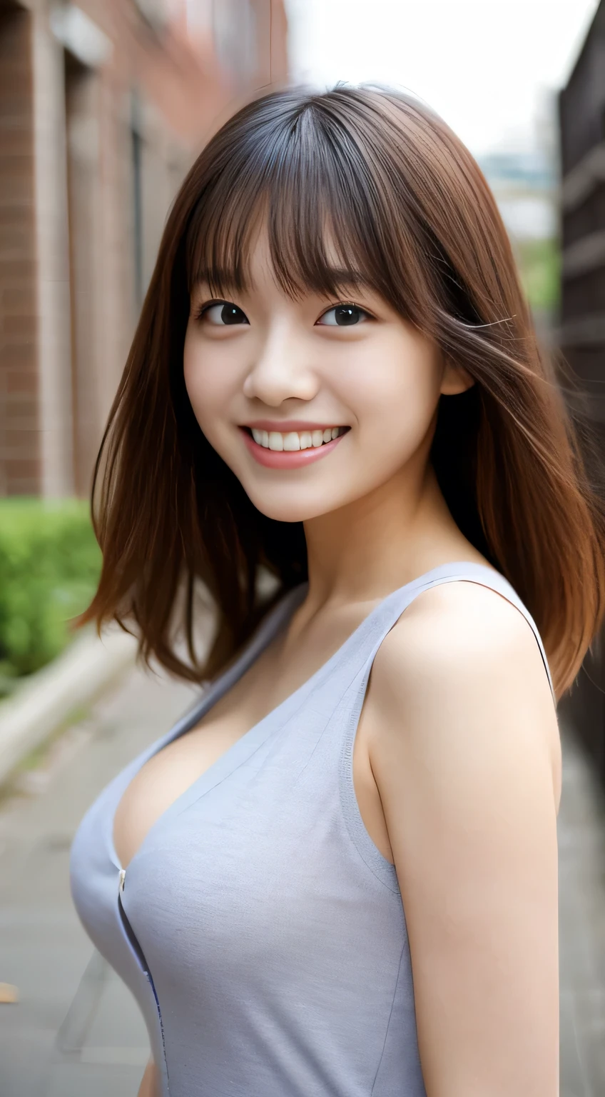 masterpiece,best quality,(Japanese ),((Beautiful girl)),cleavage,(perfect body beauty:1.2),(shy smile),beautiful teeth,(Blurred background of brick buildings),