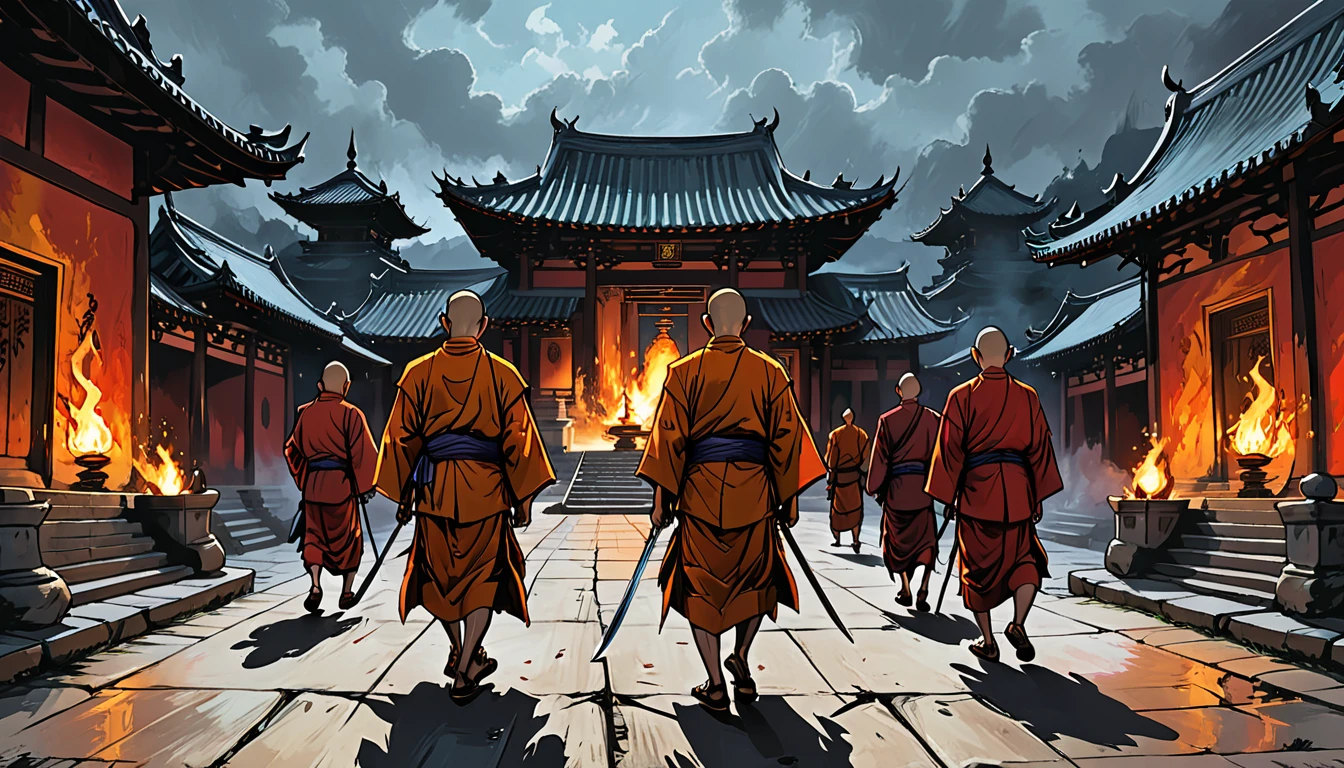 (graphic novel style, dark novel style, comic style, 2d:1.5), (hyperrealism, masterpiece:1.4), (colourful, soft cinematic light:1.1), incredibly lifelike, Extremely high-resolution details, 8k, (((side view))),
Many running monks with stakes surrounded, running Buddhist monks with stakes, in the courtyard of a Buddhist temple, outside, ((night)), Angry monks in kashaya,weapons in hands, spears, swords, fire, fight, fire temple,