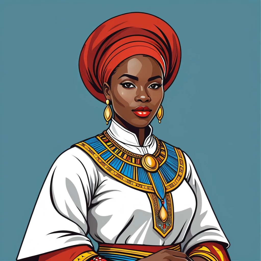 female cleric in congo folk outfit ,vector graphics, strong contours, logo design