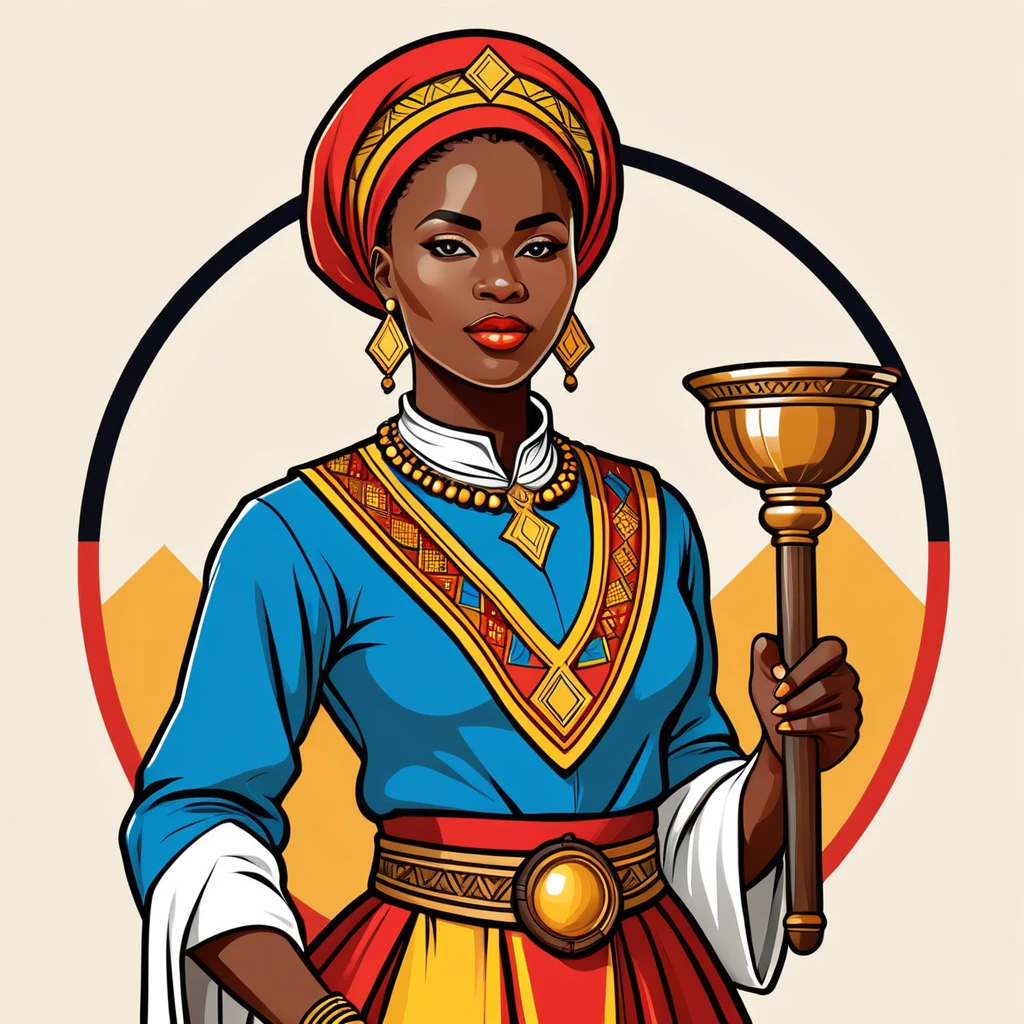 female	cleric	in congo folk outfit	,vector graphics, strong contours, logo design																						