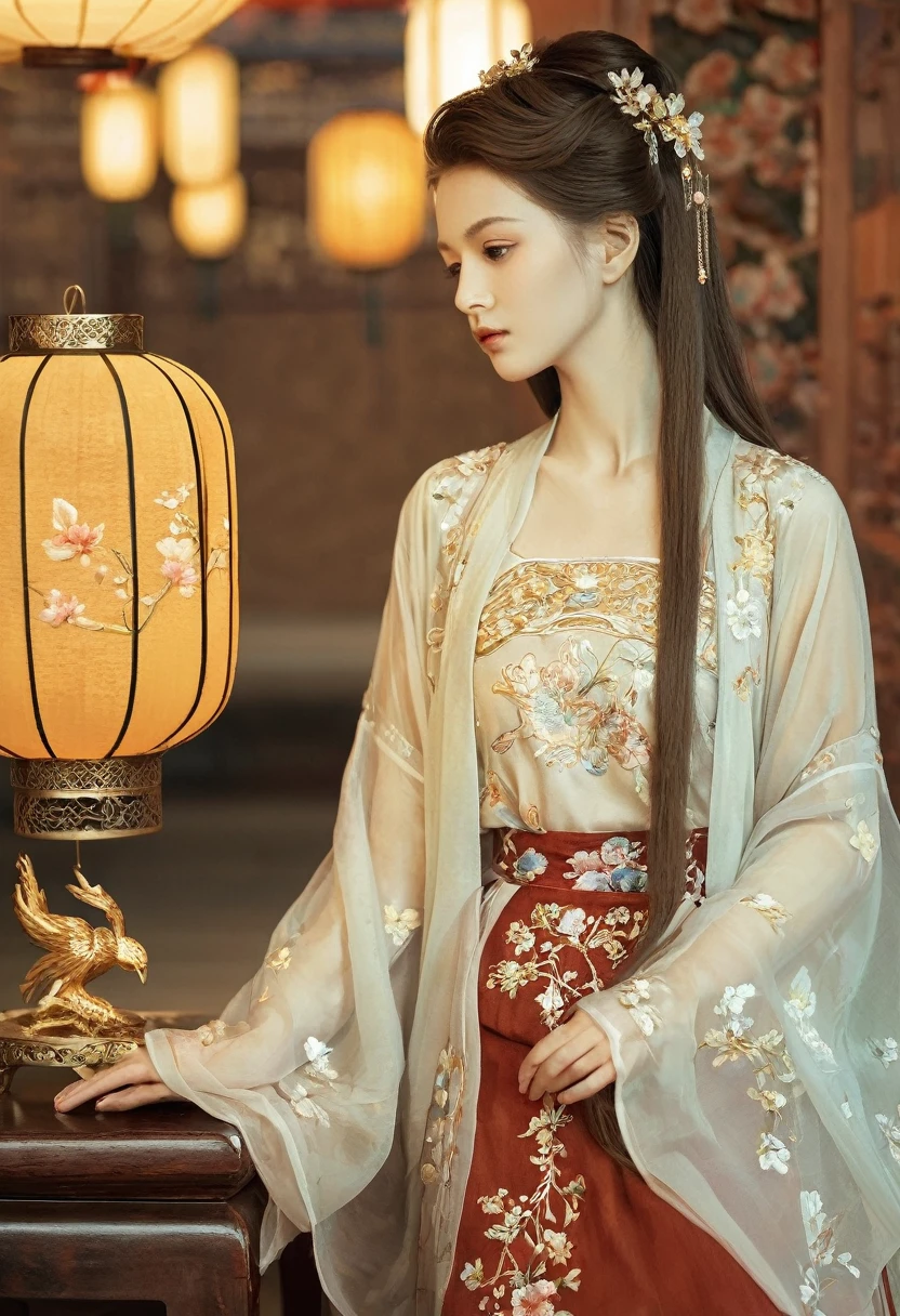 best quality,masterpiece,high resolution,(Delicate figure:1.5),Beautiful face,(Milky white skin:1.3),Intricate details,high resolution,wallpaper,1 Girl,Solitary,skirt,Hair accessories,(((gold and red skirt))),Flowers,Long hair,Brown hair,Shut up,Jewelry,Long sleeve,Wide sleeves,big eyes,Flowing hair,Chinese clothes,Hanfu,embroidery,Long skirt,Natural posture,Falling Flowers,indoor,Fanning,lantern,16K,HDR,high resolution,Depth field,(Film Grain:1.1),This book,Prime Time,(lens flare),Vignette,rainbow,(Color grading:1.5),(Large Breasts:1.2),(Upper Body:1.3),Looking at the audience,