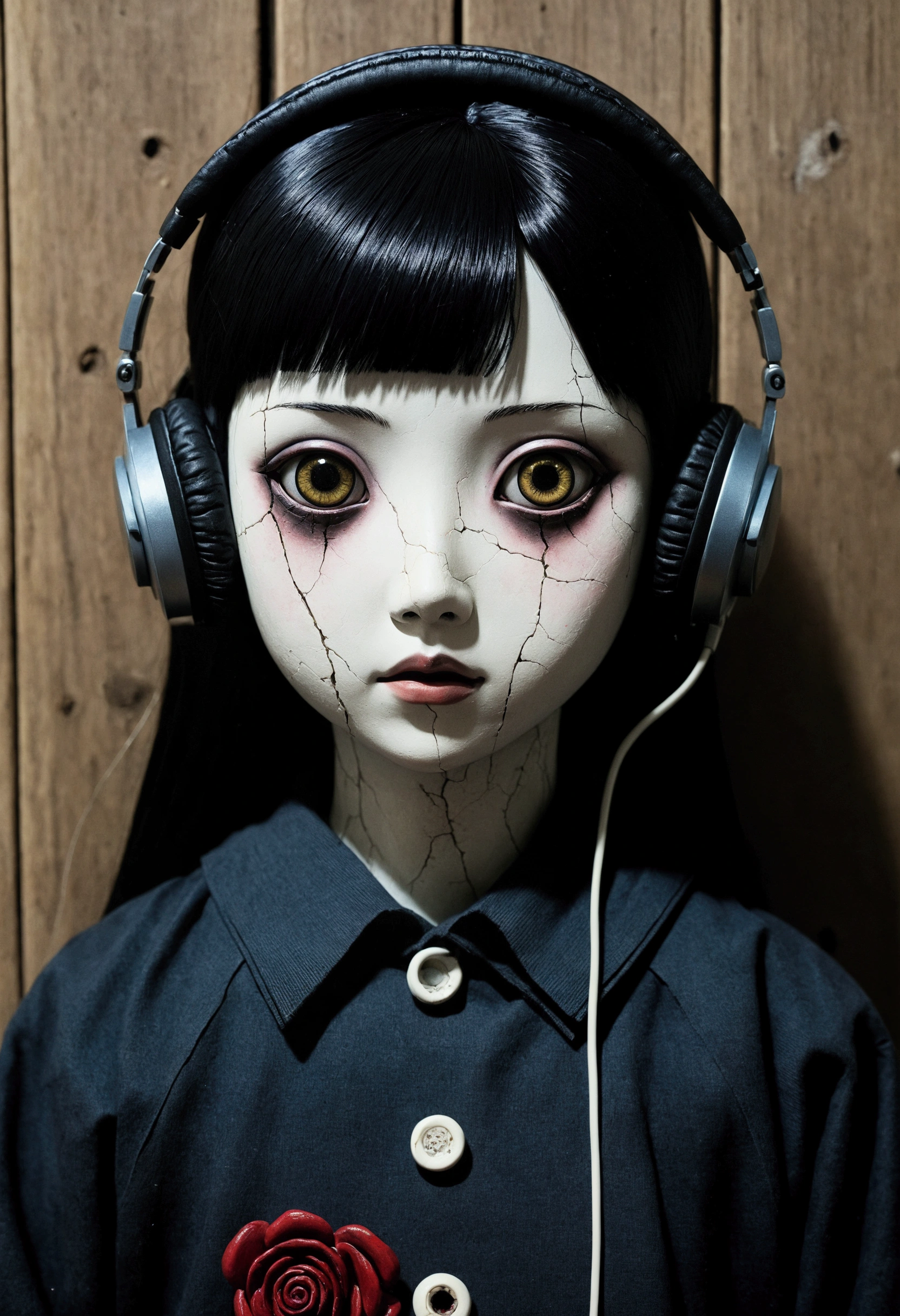 Zashiki Prison、dark、darkness、Japanese doll with a cracked face、headphones painting:Junji Ito