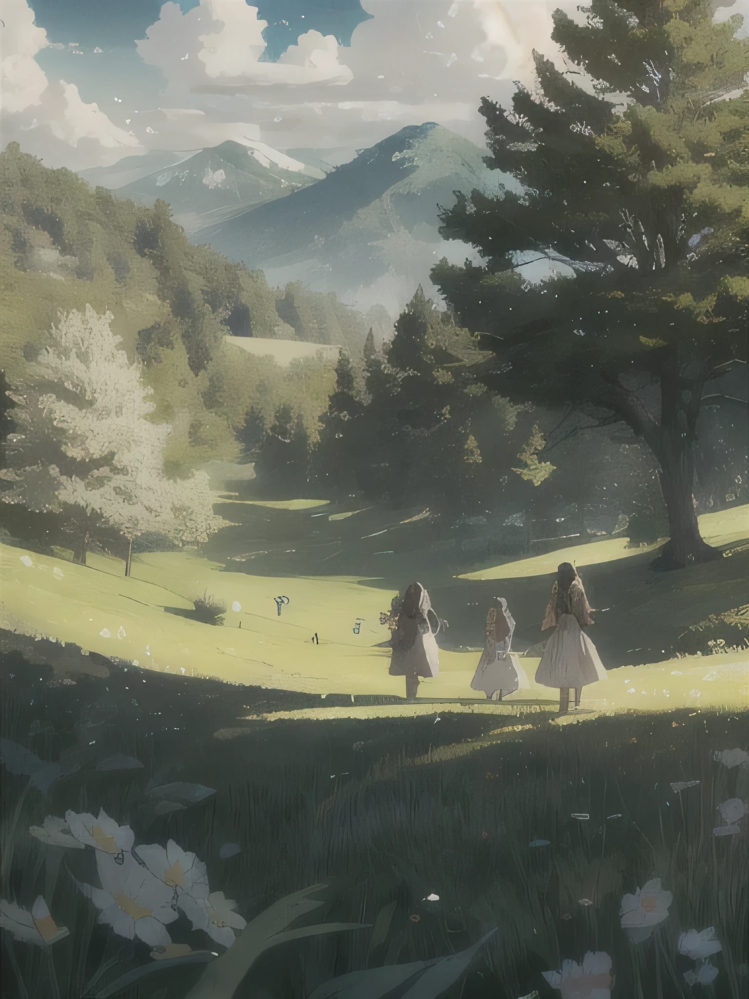 In a green meadow stands a girl leading a group of knights.
BREAK
With a brave expression, she guides them towards their destination.
BREAK
Behind her, a green forest stretches out and beyond that, mountains rise in the distance.
BREAK
The most suitable effect for this scene would be a watercolor painting technique to capture the softness of the meadow and the fluidity of the movement.