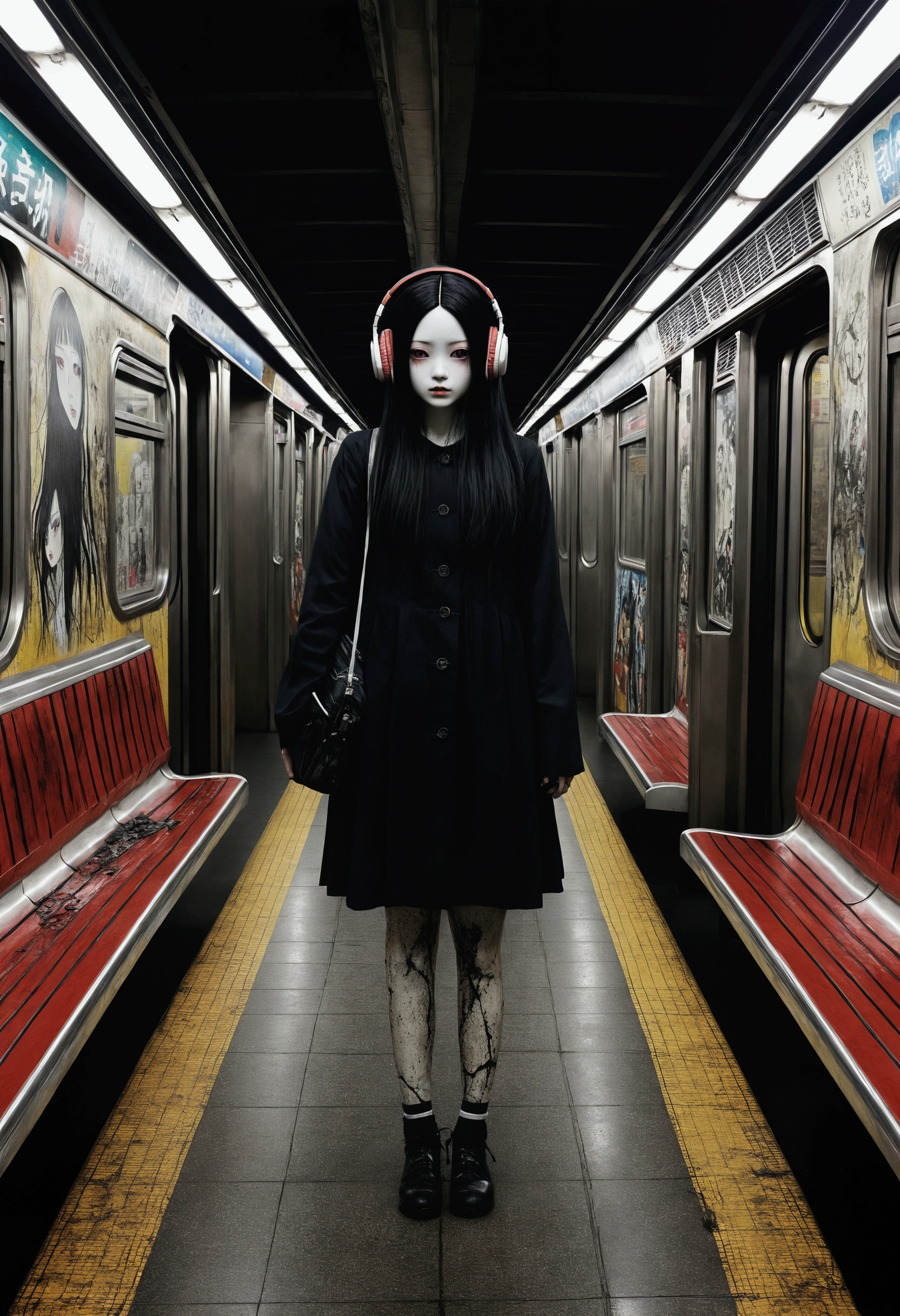 An empty subway platform、dark、darkness、Japanese doll with a cracked face、Headphones、Painting:Junji Ito