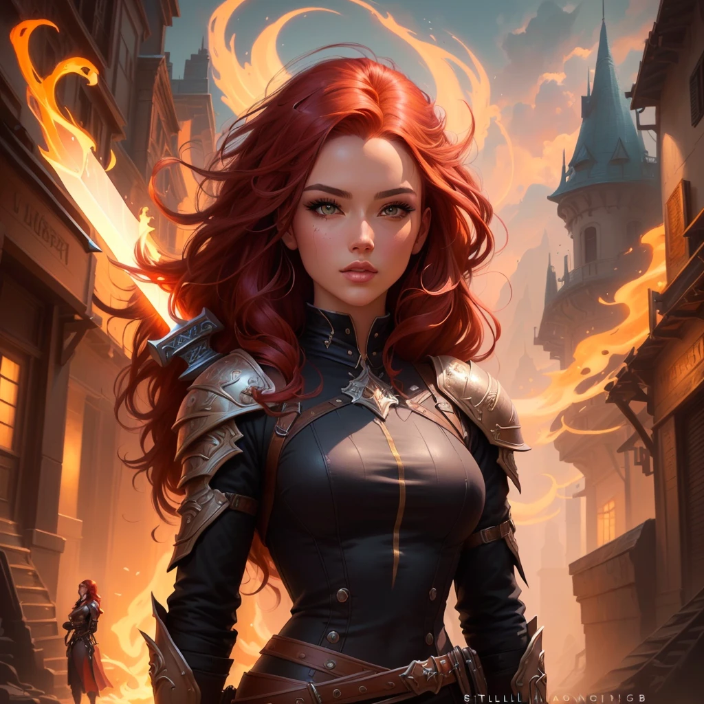 a close up of a woman with red hair and a sword, 4k fantasy art, artgerm detailed, epic fantasy art style, epic fantasy digital art style, epic fantasy style art, stylized urban fantasy artwork, epic fantasy art style hd, fantasy style art, graphic artist magali villeneuve, fantasy art style, 8k fantasy art, style artgerm
