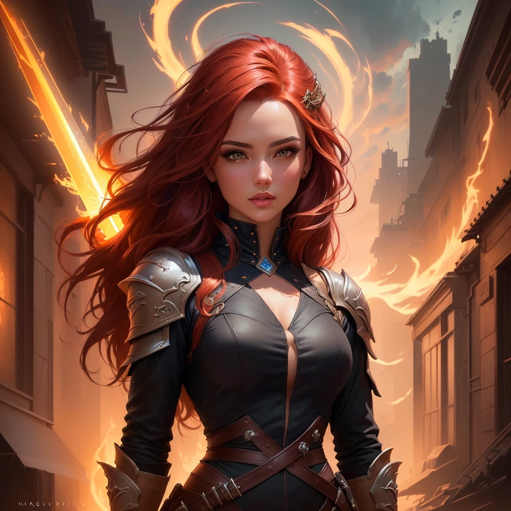 a close up of a woman with red hair and a sword, 4k fantasy art, artgerm detailed, epic fantasy art style, epic fantasy digital art style, epic fantasy style art, stylized urban fantasy artwork, epic fantasy art style hd, fantasy style art, graphic artist magali villeneuve, fantasy art style, 8k fantasy art, style artgerm