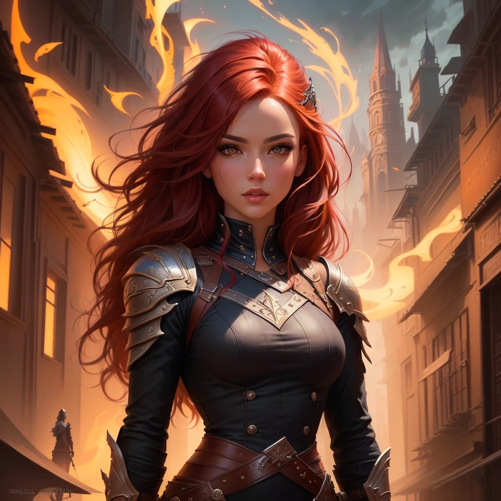 a close up of a woman with red hair and a sword, 4k fantasy art, artgerm detailed, epic fantasy art style, epic fantasy digital art style, epic fantasy style art, stylized urban fantasy artwork, epic fantasy art style hd, fantasy style art, graphic artist magali villeneuve, fantasy art style, 8k fantasy art, style artgerm