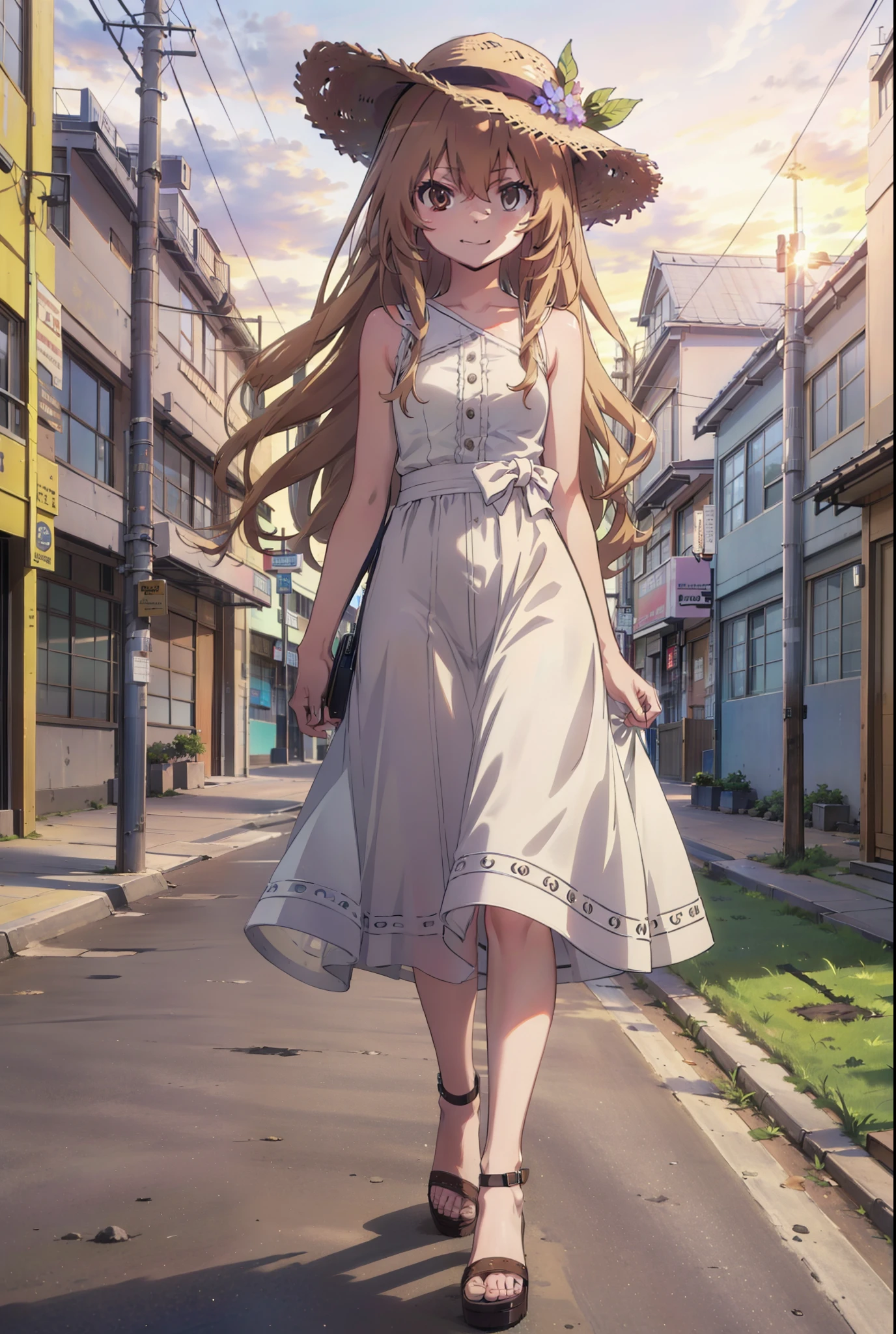 Aisaka Taiga, Aisaka Taiga, Long Hair, Brown Hair, Brown eyes,happy smile,smile, Close your mouth,Straw hat,White sleeveless dress,Long skirt,Heeled Sandals,evening,sunset,The sun is setting,whole bodyがイラストに入るように,Walking, break looking at viewer, whole body,
break outdoors,Coastal Road,In town,
break (masterpiece:1.2), Highest quality, High resolution, unity 8k wallpaper, (shape:0.8), (Beautiful attention to detail:1.6), Highly detailed face, Perfect lighting, Extremely detailed CG, (Perfect hands, Perfect Anatomy),