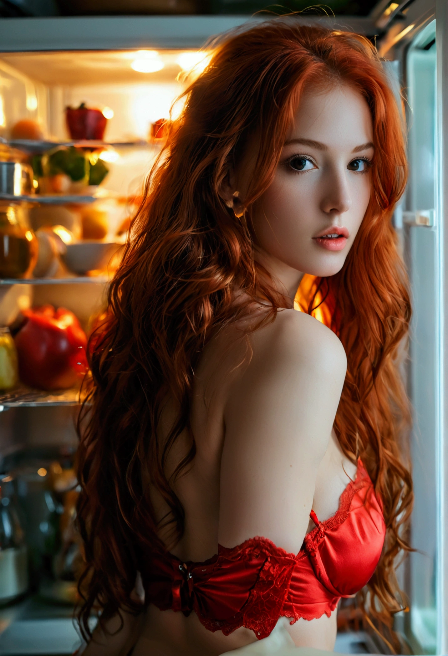 wide angle, wide shot, ultra realistic, photography, long red hair, girl, 24 years old, hourglass figure, perfect body, Flirty look, beautiful detailed woman, intricate and detailed face, long lush hair, soft lighting, photorealistic, high quality, cinematic, dramatic, warm color tones, natural breasts, facing the camera, Nikon z fx, lens 35 mm, blur background, in the kitchen, in front of the open fridge, back to the camera, wearing red satin bra and panties, only dim light comes from the fridge, late at night, dark room, darkness, she has a perfect butt, firm butt, 
