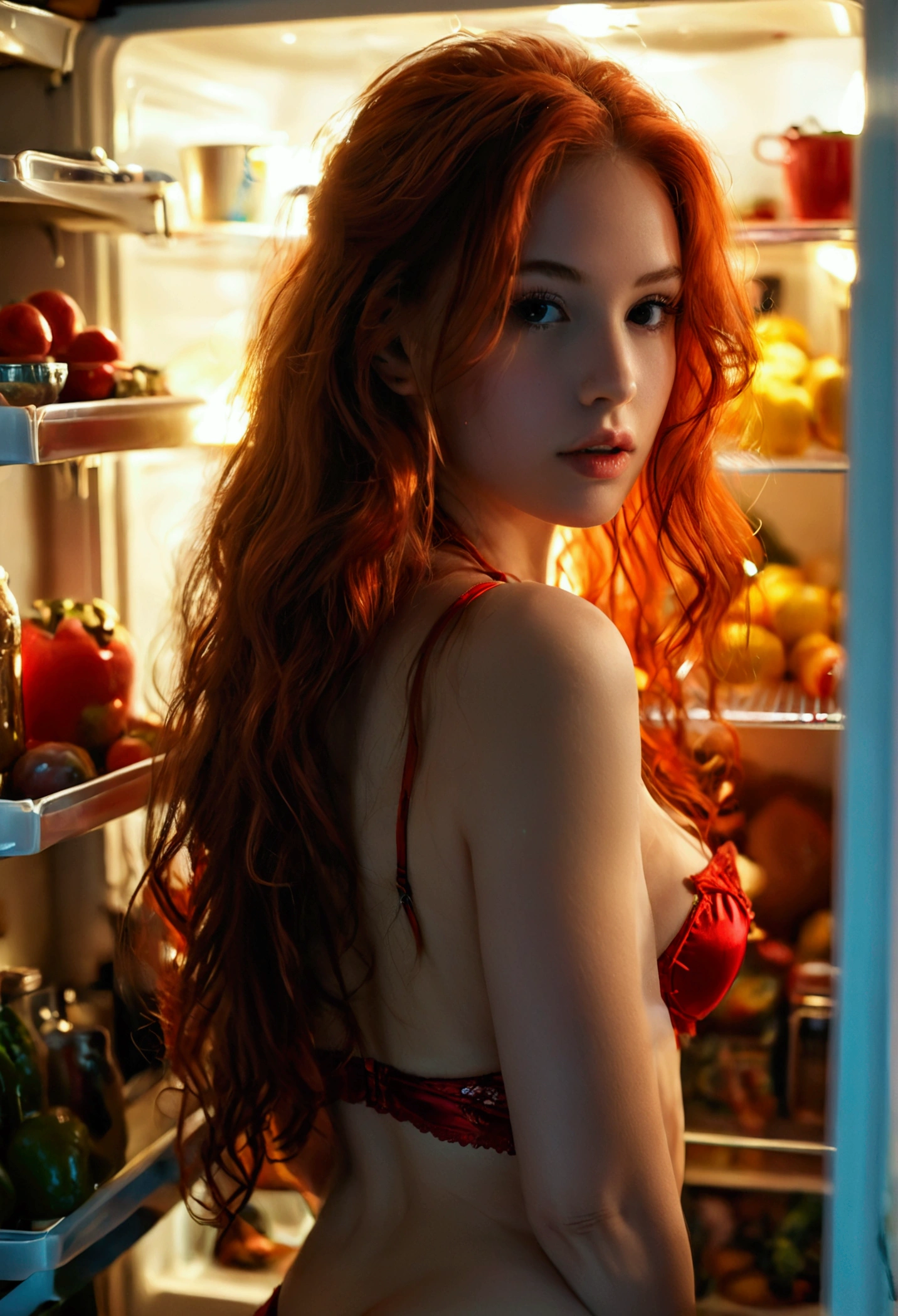 wide angle, wide shot, ultra realistic, photography, long red hair, girl, 24 years old, hourglass figure, perfect body, Flirty look, beautiful detailed woman, intricate and detailed face, long lush hair, soft lighting, photorealistic, high quality, cinematic, dramatic, warm color tones, natural breasts, facing the camera, Nikon z fx, lens 35 mm, blur background, in the kitchen, in front of the open fridge, back to the camera, wearing red satin bra and panties, only dim light comes from the fridge, late at night, dark room, darkness, she has a perfect butt, firm butt, 