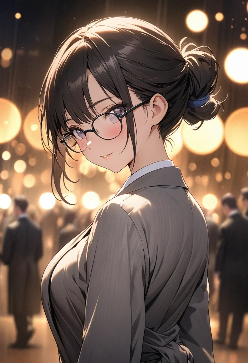 masterpiece, best quality, extremely detailed CG unity 8k wallpaper, lawyer, woman, Glasses, Wearing a crisp suit, Hair tied up, bokeh photography, (soft focus):1.2, out-of-focus highlights, dreamy ambiance, glowing circles, mesmerizing depth, Cowboy Shot, Court