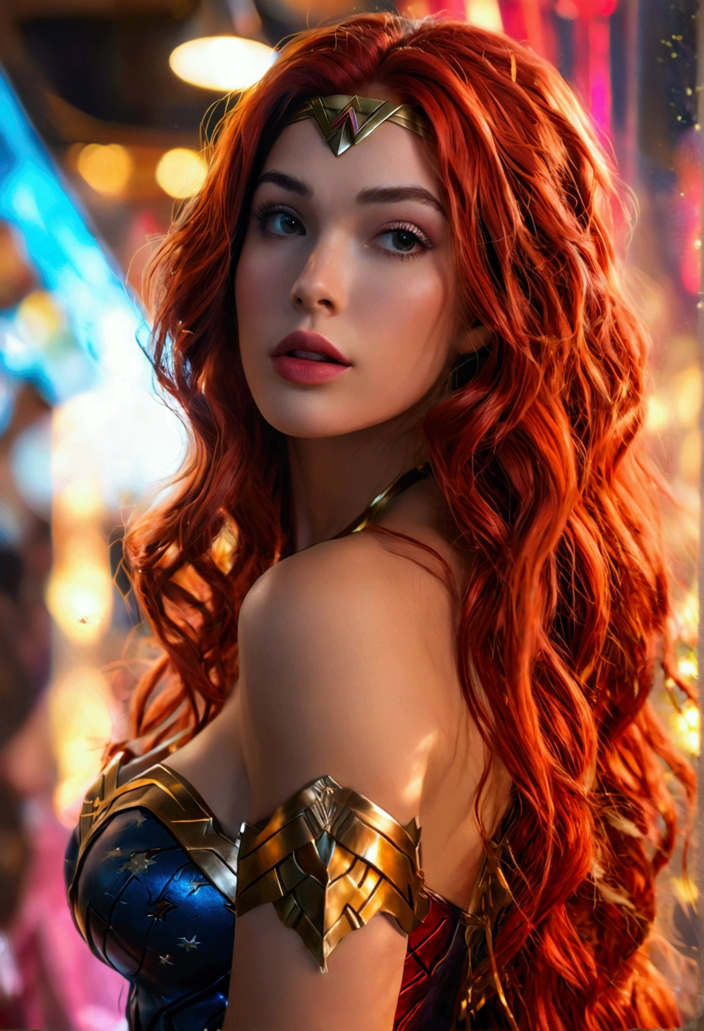 ultra realistic, photography, long red hair, girl, 24 years old, hourglass figure, perfect body, Flirty look, medium natural breasts, extremely detailed artgerm, in the style artgerm, blur background, at a costume party, wonder woman costume, wonder woman cosplay, show full body, full body shot, full body picture, wide shot, wide angle