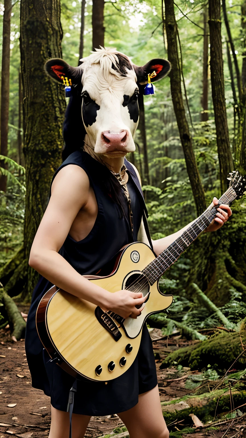 Cow playing guitar and forest background 