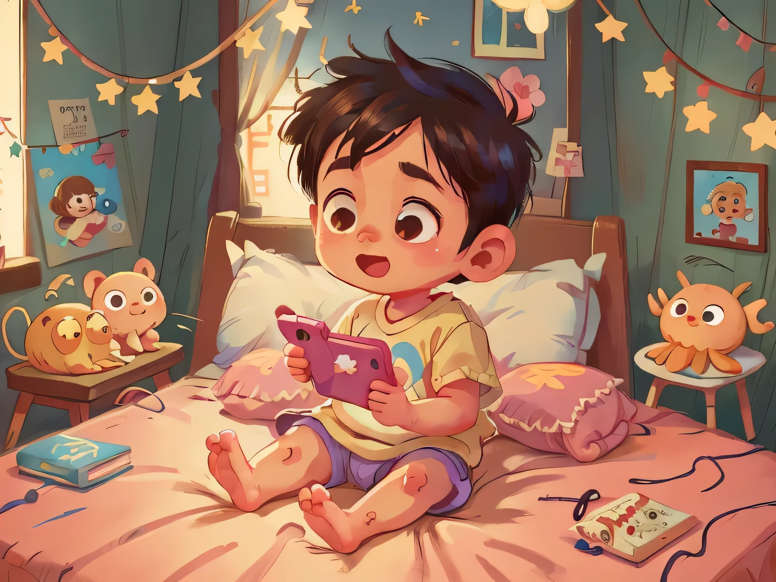 Illustration of 3  sitting on his bed in night holding his phone，Pixar cinematic style, best quality, movie stills, wearing bed clothes, happy, happy, Perfect quality, clear focus (Clutter - home: 0.8), (masterpiece: 1.2) (realist: 1.2) (bokeh) (Best Quality) (detailed skin: 1.3) (intricate details) (8k) (Eye Detail) (Sharp focus), 