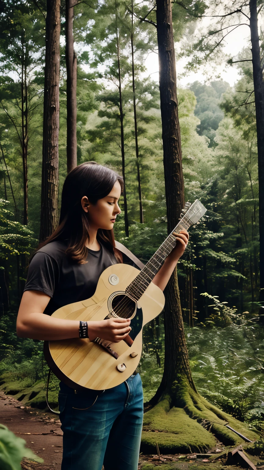 Cow playing guitar and forest background 