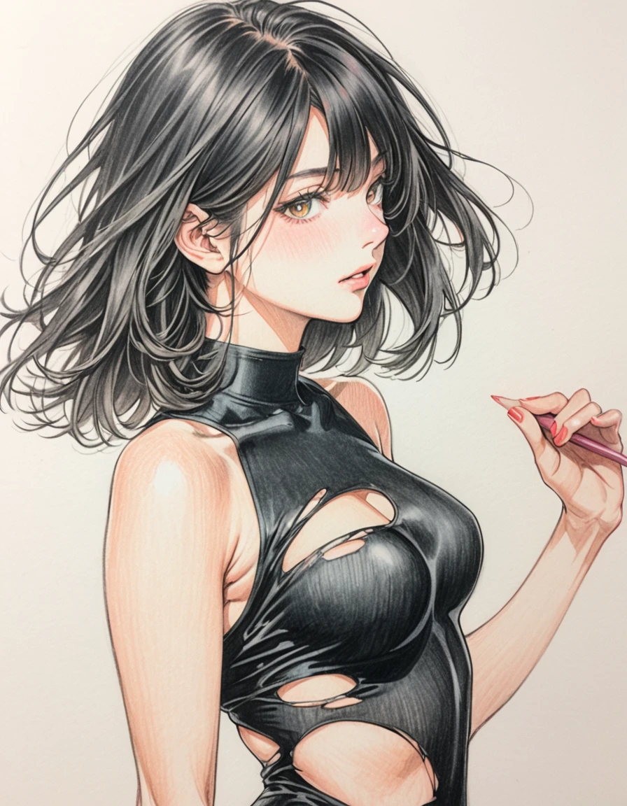 female, Torn black leotard, white background, Art, ad, colour pencil drawing, illustration, medium hair