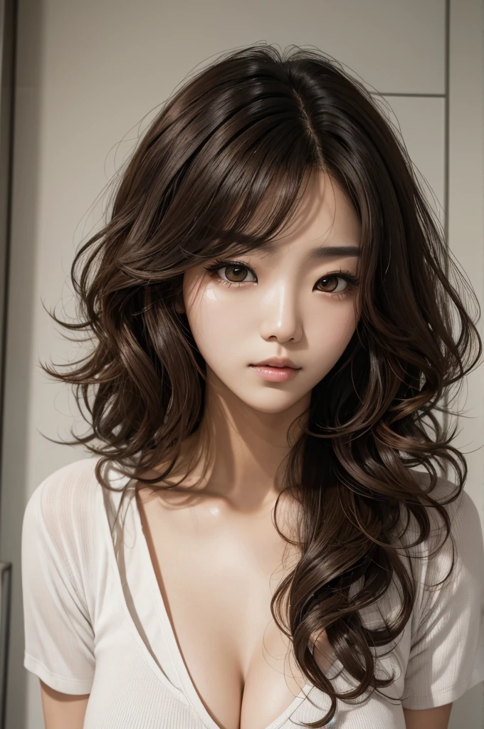 Ultra-high resolution,Medium Hair,Light curly hair,Long face,I despise,Korean,sexy,Eye level shot,Narrow eyes,