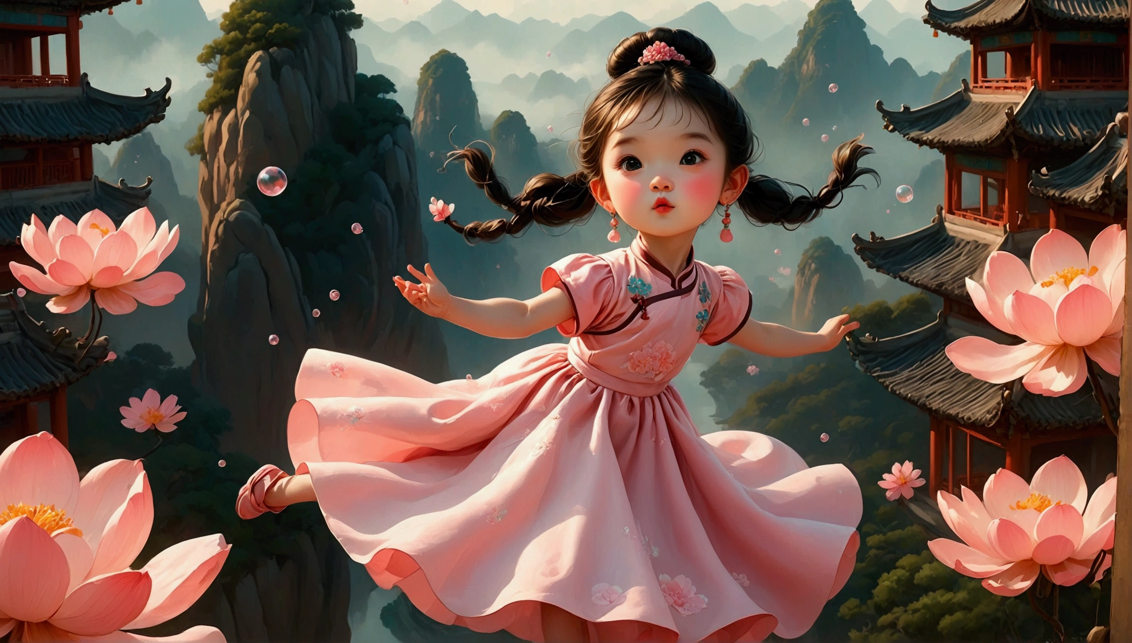 A promotional poster home page;Simple illustration style;1 dancing , Girl standing on the Chinese eaves(ridge)。Solitary,Wearing a cute pink dress,Happy expression,Playful;The character is on the right side of the frame,whole body;Light pink background,There are many transparent bubbles in the picture,Big bubbles;Pure background(The background is a solid color); Depth of Field, Extraordinary details, masterpiece, high quality, 4K,Leave white space in the center of the screen。lineup, reference sheet, character chart, move chart, outside border。