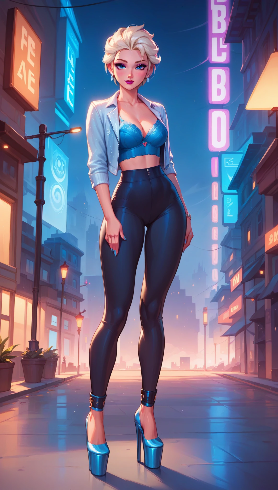 score_9, score_8_up, score_7_up, score_6_up, elsa, short hair, blue bra, black skin tight trousers with pockets, platform heels, cinematic lighting,, looking at viewer, city background, (masterpiece, best quality, highly detailed, beautiful),