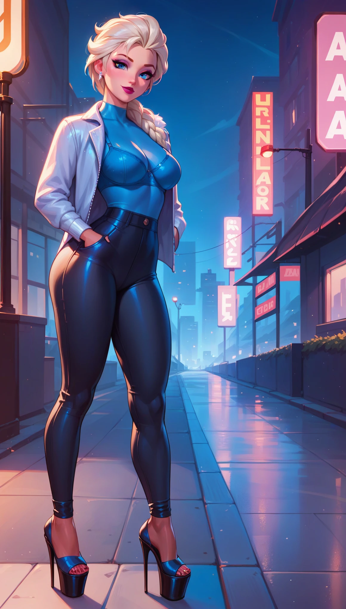 score_9, score_8_up, score_7_up, score_6_up, elsa, short hair, blue bra, black skin tight trousers with pockets, platform heels, cinematic lighting,, looking at viewer, city background, (masterpiece, best quality, highly detailed, beautiful),