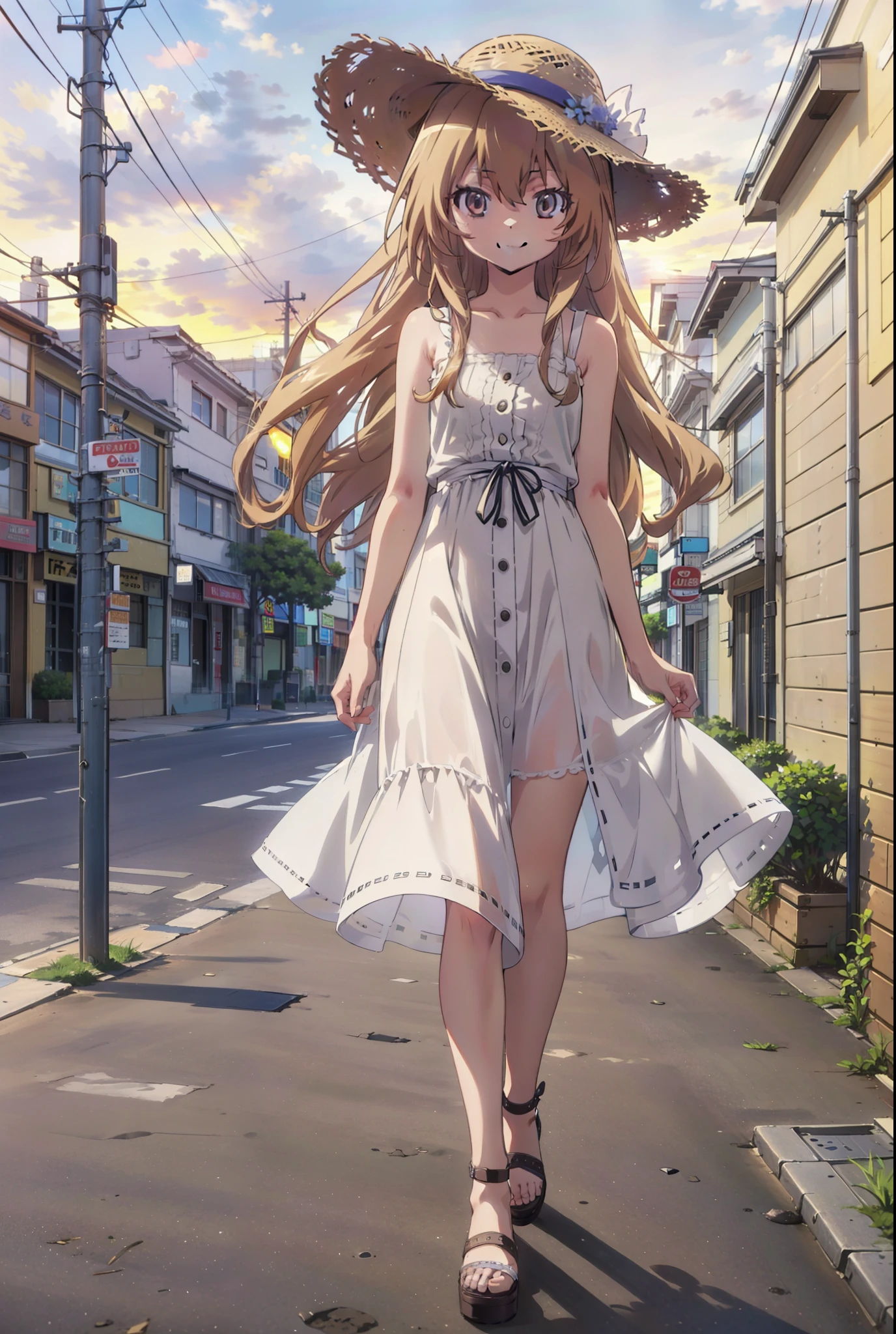 Aisaka Taiga, Aisaka Taiga, Long Hair, Brown Hair, Brown eyes,happy smile,smile, Close your mouth,Straw hat,White sleeveless dress,Long skirt,Heeled Sandals,evening,sunset,The sun is setting,whole bodyがイラストに入るように,Walking,　　　　　　　　　　　　  　　　　　break looking at viewer, whole body,　　　　　
break outdoors,Coastal Road,In town,
break (masterpiece:1.2), Highest quality, High resolution, unity 8k wallpaper, (shape:0.8), (Beautiful attention to detail:1.6), Highly detailed face, Perfect lighting, Extremely detailed CG, (Perfect hands, Perfect Anatomy),