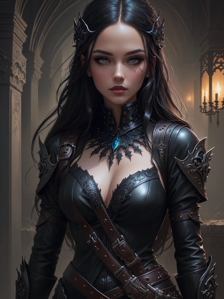 a close up of a woman in a black leather outfit, dark fantasy style art, gothic fantasy art, 4k fantasy art, dark fantasy art, 8k high quality detailed art, fantasy dark art, detailed fantasy art, in style of dark fantasy art, detailed matte fantasy portrait, detailed fantasy digital art, 4k detailed digital art, epic fantasy art style hd
