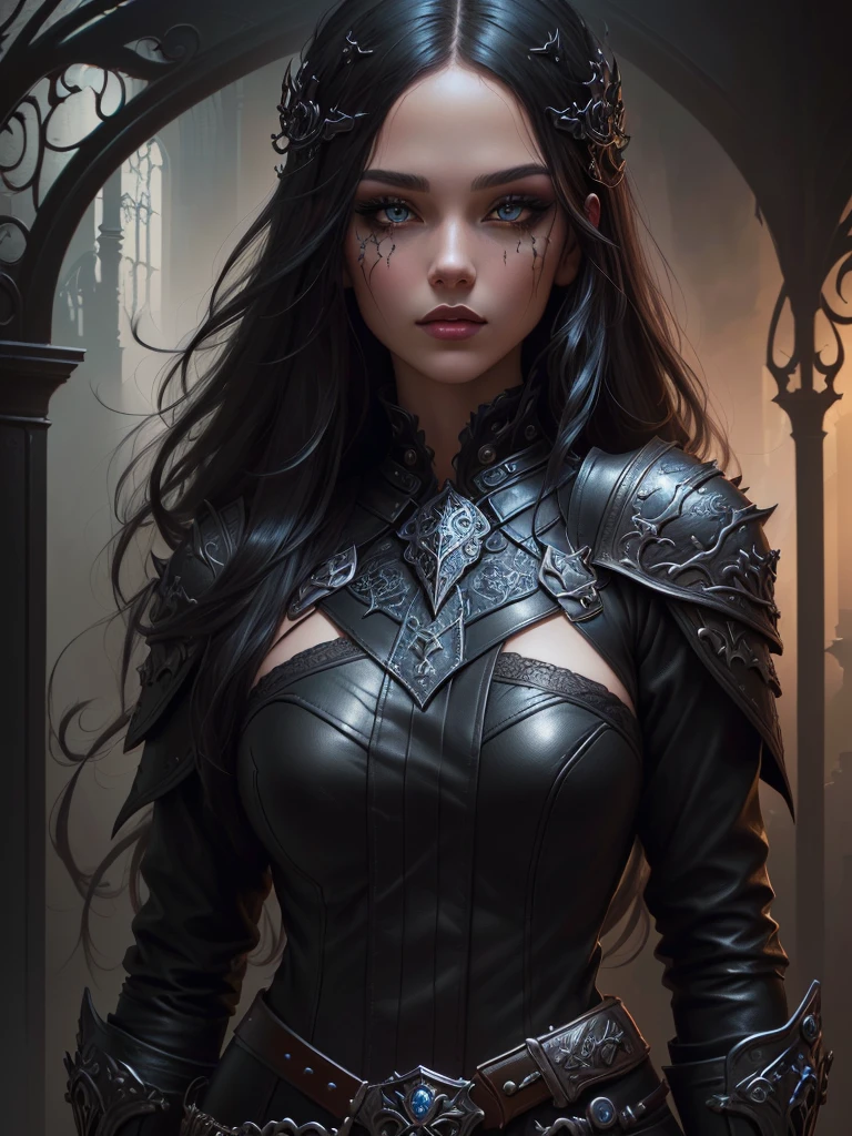 a close up of a woman in a black leather outfit, dark fantasy style art, gothic fantasy art, 4k fantasy art, dark fantasy art, 8k high quality detailed art, fantasy dark art, detailed fantasy art, in style of dark fantasy art, detailed matte fantasy portrait, detailed fantasy digital art, 4k detailed digital art, epic fantasy art style hd