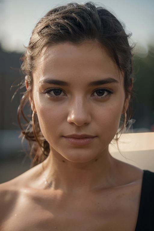 ((Best quality, 8k, head of'artwork :1.3)), sharpness :1.2, Perfect body beauty: 1.4, Slim abs: 1.2, ((dark brown hair: 1.2)), (Natural light, city street: 1.1 ), front portrait: 1.4, highly detailed face and skin textures, detailed eyes, Double eyelids, (((Dynamic angle)))