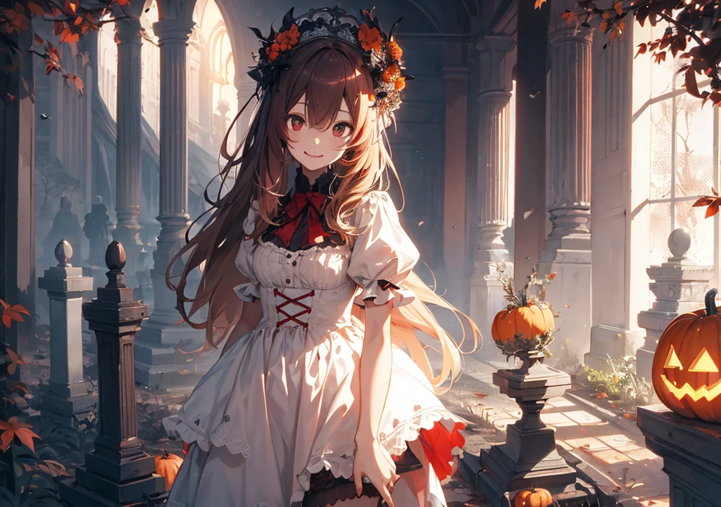 Realistic photos, Focus distance 10mm, Red and white, A big smile, Beautiful girl, Realistic photos, Focus distance 10mmで撮影, masterpiece, 最high quality, high quality, Very detailed CG 8k wallpaper unit, Award-winning photography, Depth of written boundary, High resolution, bloom, chromatic aberration, Realistic, Very detailed, Art Station Trends, CGsociety Trends, Complex, High detail, dramatic, Art on the go, volumetric lighting, Playful zombie girl character in a Halloween outfit, standing in the haunted mansion's creepy garden, with gravestones and pumpkins scattered around