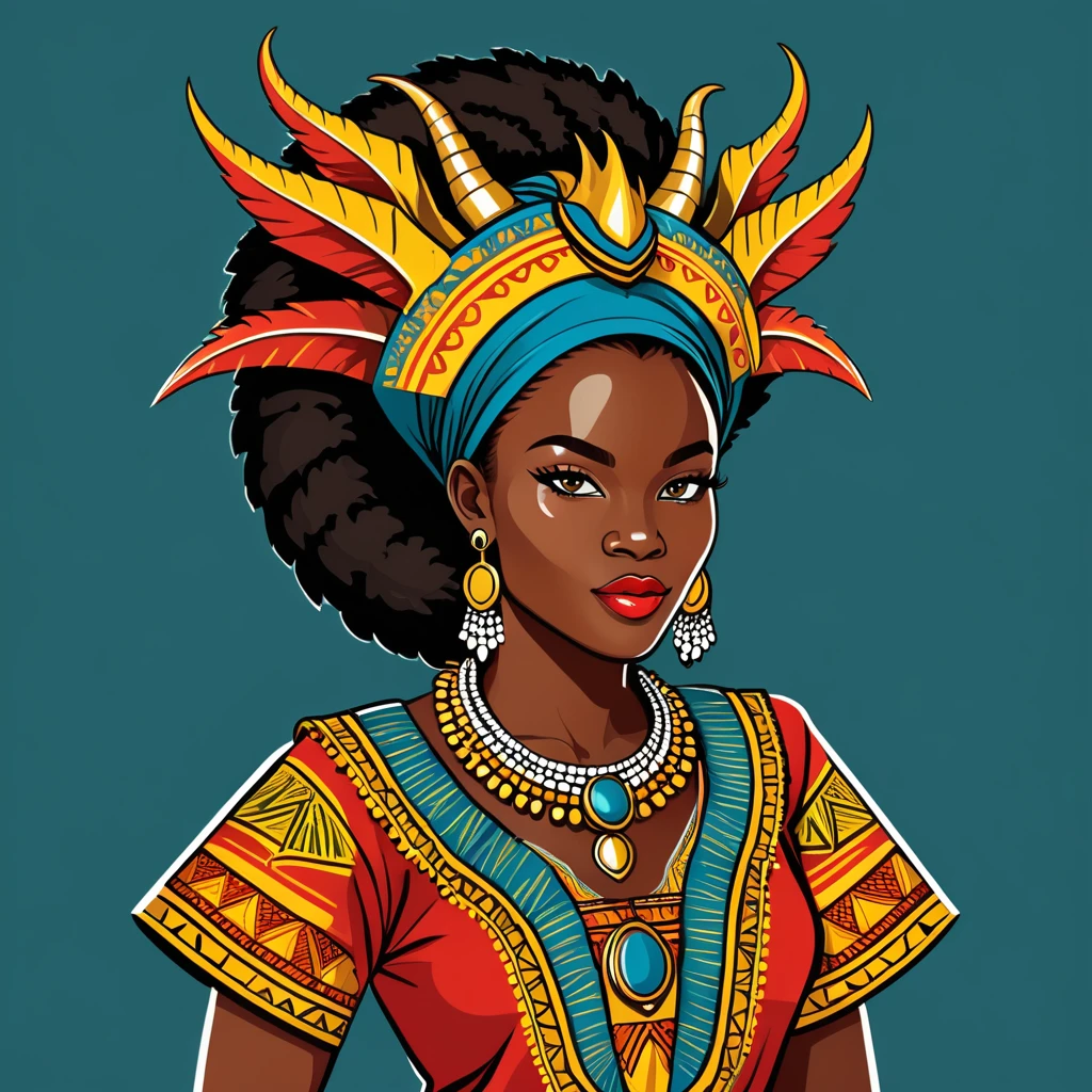 female dragon in congo folk outfit ,vector graphics, strong contours, logo design