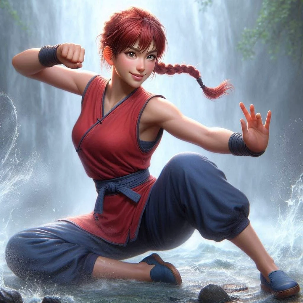 Ranma, a young female character with striking red short hair with a braided pigtail, has a beautiful body. She is dressed in kungfu attire: a sleeveless red shirt, navy pants, and slip-on shoes. Standing behind her is a large, serious panda. Both are captured in dynamic action poses with martial arts elements, set against a misty waterfall backdrop.
