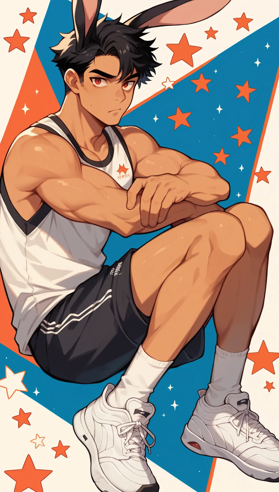 Handsome boy,Black Hair，Sunburned skin，Rabbit ears，Sportswear，Slim body，Sitting on a meteorite，He has a pair of warm red eyes，Stars background，White socks，White sneakers
