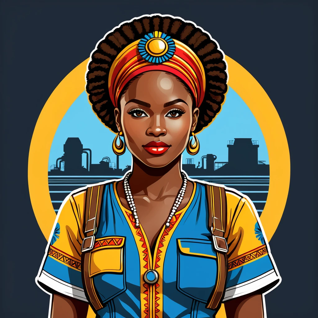 female engineer in congo folk outfit ,vector graphics, strong contours, logo design