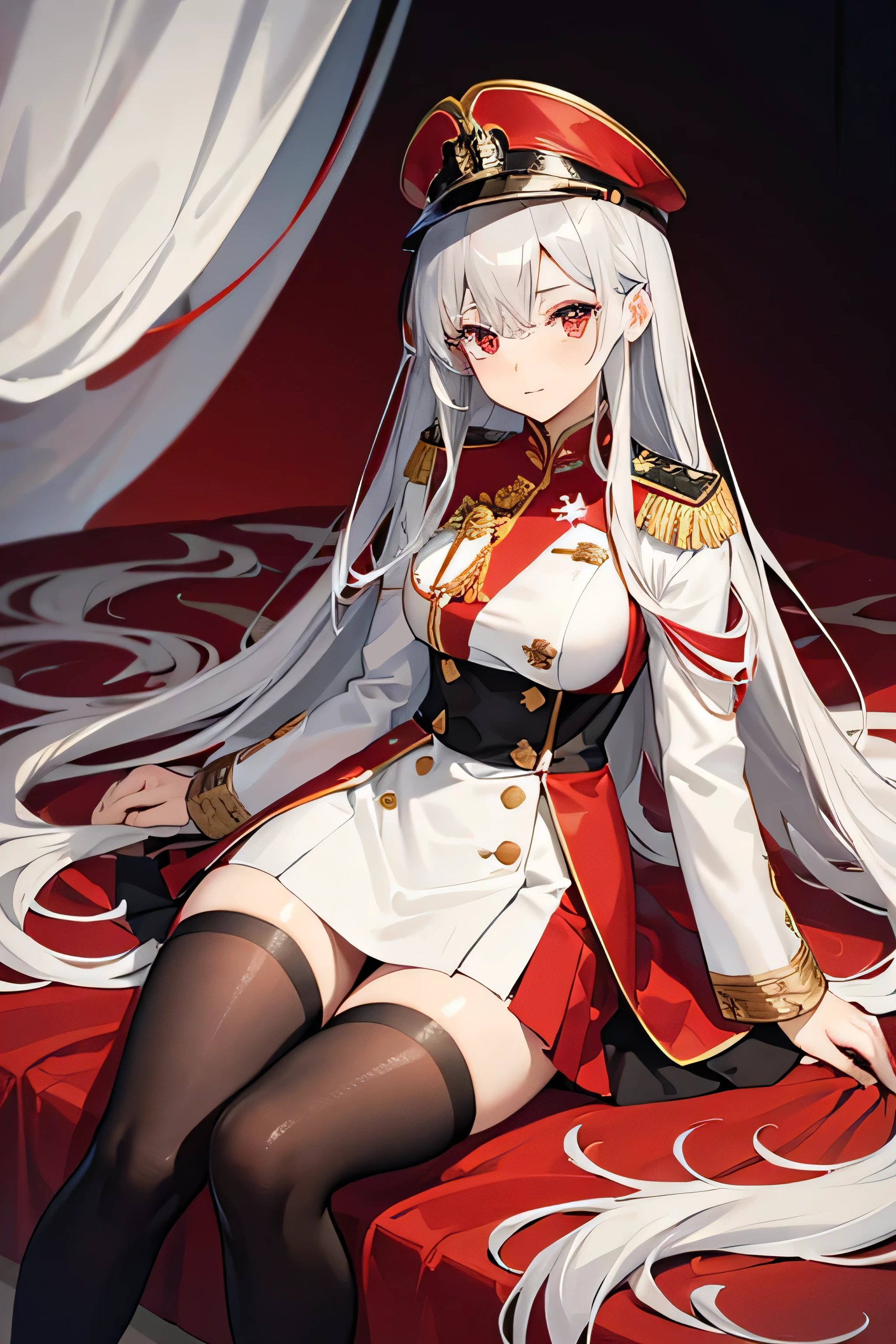 Long silver hair、Red and white military uniform、Red and white skirt、Black tights、The thighs are a little thick、Silver Eyes、One woman、Show the whole body