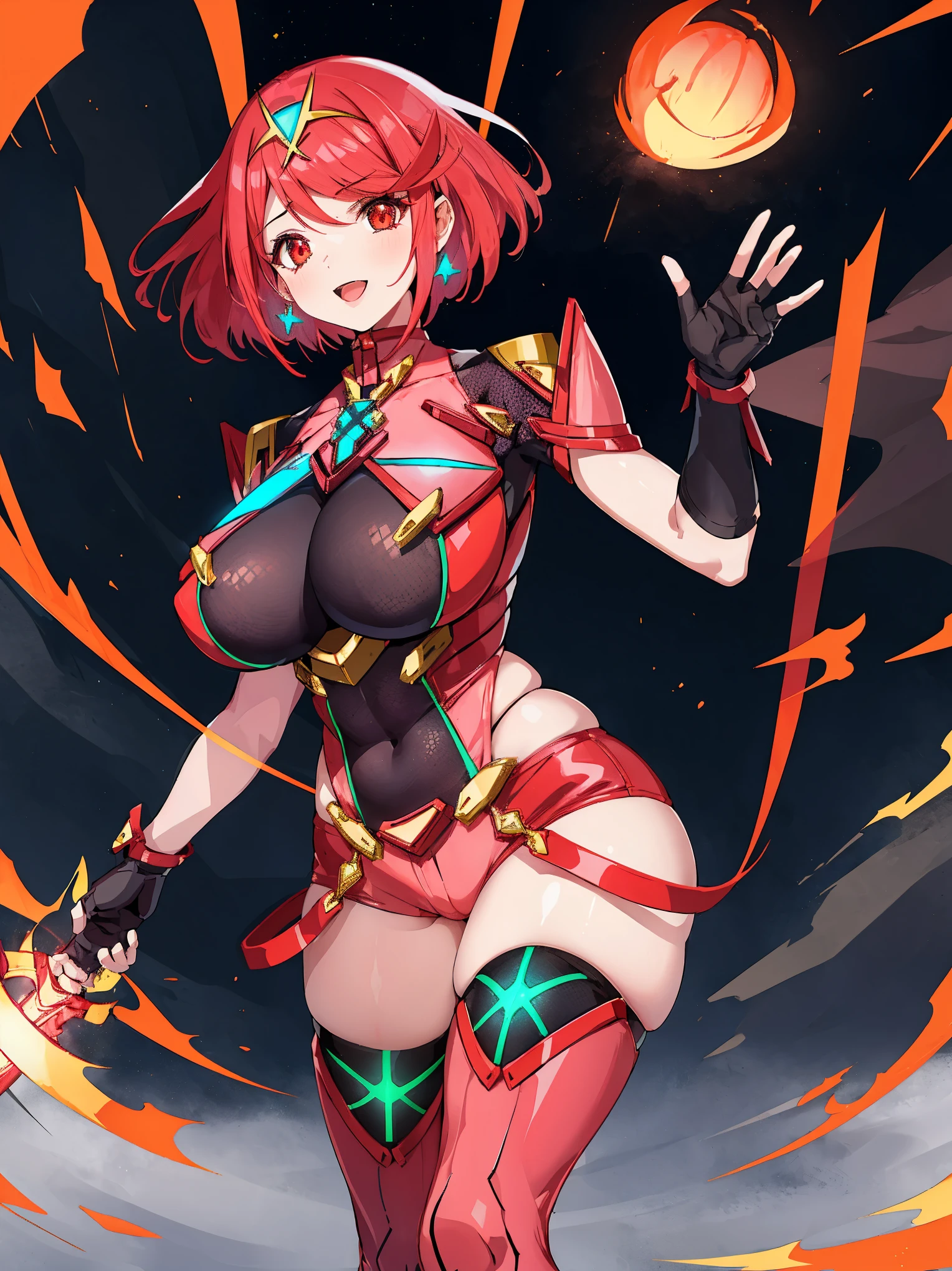 pyra \(xenoblade\), young__1girl, armor, bangs, black gloves, breasts, red eyes, closed mouth, earrings, eyelashes, fingerless gloves, floating hair, framed breasts, gem, gloves, hair ornament, headpiece, jewelry, big_breasts, leaning back, leotard, neon trim, official art, pose, red hair, red shorts, saitou masatsugu, short hair, short shorts, short sleeves, shorts, sidelocks, skin tight, solo, standing, swept bangs, thighhighs, tiara, night_prairie_background, turtleneck, underbust, vambraces, xenoblade chronicles \(series\), (xenoblade chronicles 2), apart_legs, fire_effect,dynamic_pose_fighting,light_smile, (plump:1.1), big_ass,huge_sword, hold_large_sword_hilt, solo, covered_nipples, covered_pussy,open_mouth,back_view,