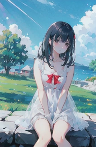 Highest quality,Ultra-high resolution,(realism:1.4),Make your face bright red,Adorable,(Detailed face),A light smile,Look at the sky,Full Body Lesbian,White transparent camisole dress,sunny day,Rios,blue sky,Large Breasts、Long black hair
