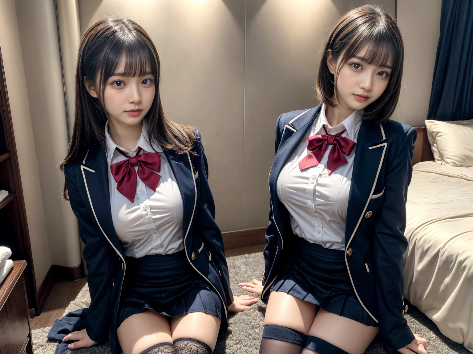 masterpiece, best quality, illustration, Super detailed, fine details, High resolution, 8K,wall paper, perfect dynamic composition,(Details High quality, realistic depiction of eyes:1.3), ((2 girls, 2 schoolgirls)), The background is a luxury hotel room、High school girl uniform、blazer 、Super Short Check Uniform Skirt、Navy blue high socks、garterbelts、Colossal tits、Disturbed uniform, Play with each other,Touching each other's bodies,Touching the body of the girl next door, short bob hair, black hair color, huge breasts, Big Natural Color Lip, bold sexy pose, (perfect body shape), crying a little、Harajuku style、Beautiful makeup,glitter makeup,Cutest 18 years old, beautiful legs, hposing Gravure Idol, Voluptuous thighs
