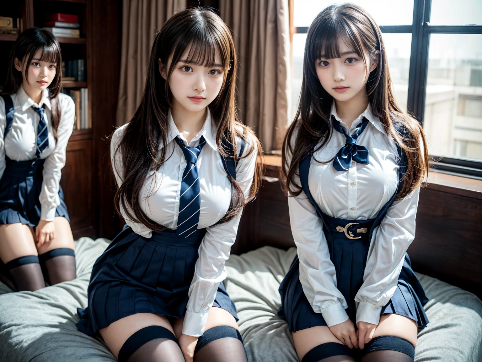 masterpiece, best quality, illustration, Super detailed, fine details, High resolution, 8K,wall paper, perfect dynamic composition,(Details High quality, realistic depiction of eyes:1.3), ((2 girls, 2 schoolgirls)), The background is a luxury hotel room、High school girl uniform、blazer 、Super Short Check Uniform Skirt、Navy blue high socks、garterbelts、Colossal tits、Disturbed uniform, Play with each other,Touching each other's bodies,Touching the body of the girl next door, short bob hair, black hair color, huge breasts, Big Natural Color Lip, bold sexy pose, (perfect body shape), crying a little、Harajuku style、Beautiful makeup,glitter makeup,Cutest 18 years old, beautiful legs, hposing Gravure Idol, Voluptuous thighs