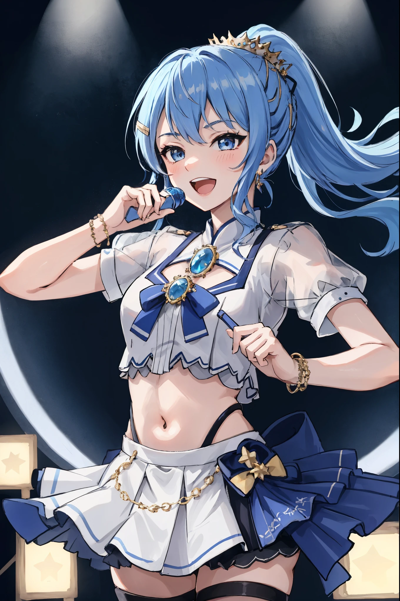 masterpiece, best quality, absurdres, 1girl, solo, Hoshimachi Suisei, light blue hair, blue eyes, happy, smile, parted lips, cowboy shot, sidelocks, ponytail, toned, 
idol, idol clothes, hololive idol uniform, bowtie, blue skirt, brooch, dress, concert, on stage, frilled skirt, jewelry, layered dress, short sleeves, tiara, midriff, thighhighs(,shout:1.5),.(open_mouth:1.3),singing,(angry:0.6), (glare:0.6), idle_live,audience_landscape,light up_girl,solo,shiny_effects,smile。joy,happy,