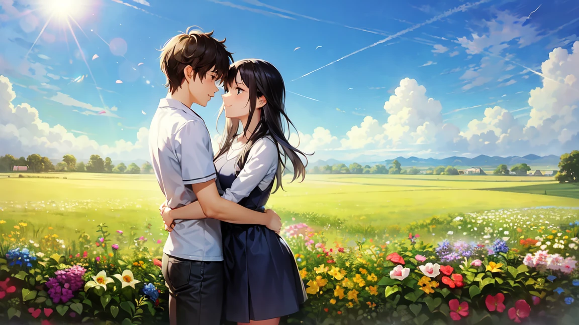 An anime-style image depicting an 18-year-old boy and girl in a loving embrace under the vast, sunlit sky. The scene is bright and filled with the warmth of the sun's rays, casting a golden glow on the couple. They stand close to each other, their expressions filled with love and happiness. The background features a clear, expansive blue sky with the sun shining brightly, creating a sense of freedom and openness. The landscape around them is lush and vibrant, with green grass and colorful flowers swaying gently in the breeze. The overall atmosphere is one of joy, love, and boundless possibilities, capturing the essence of a carefree summer day and the beauty of young love.