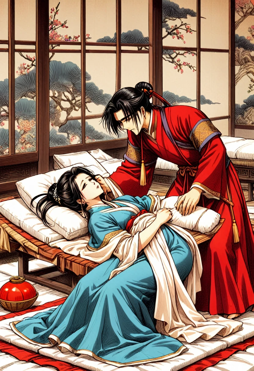 Childbirth scene from a Chinese historical drama A beautiful girl is lying on a futon and giving birth.