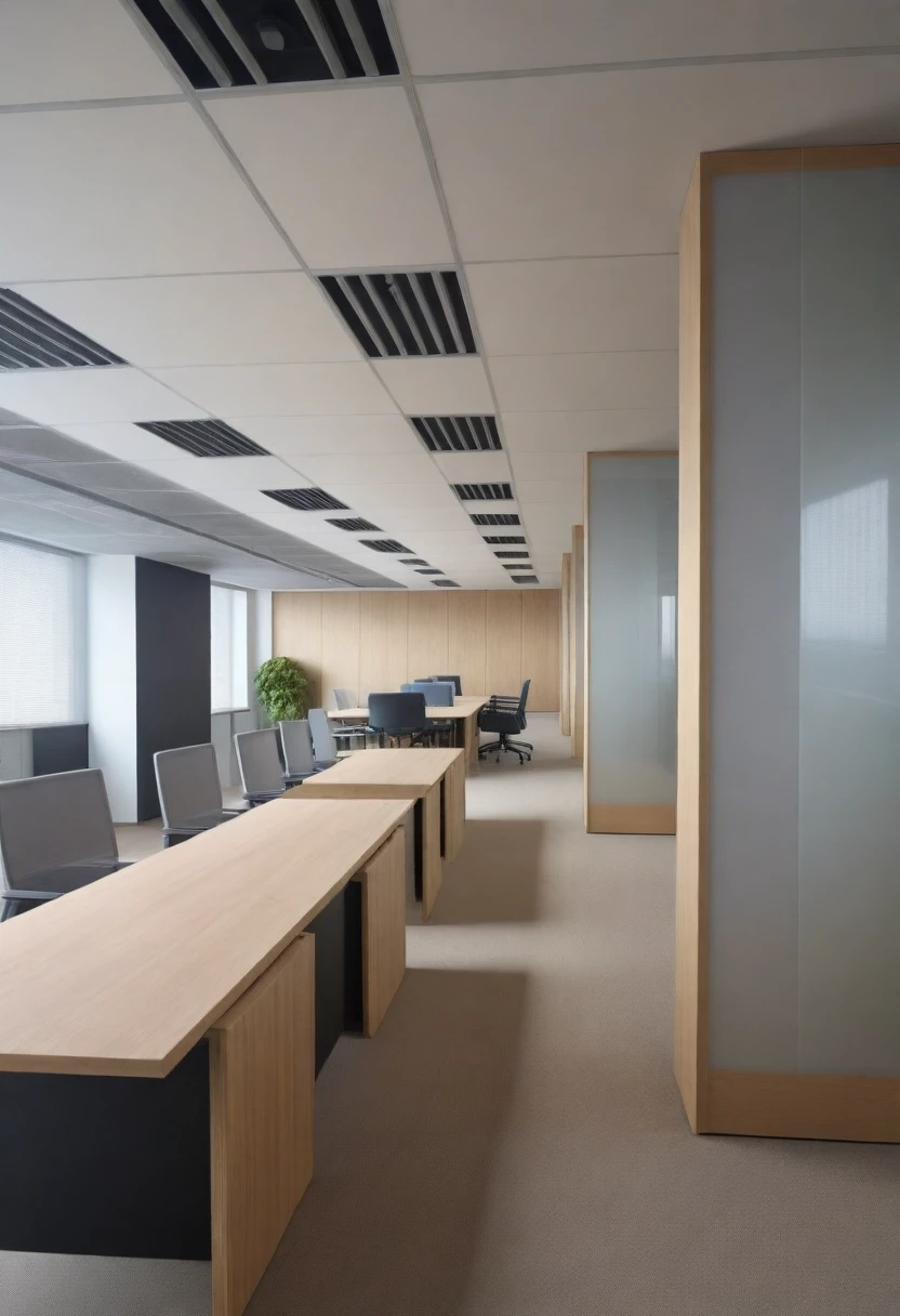 ((neo-modern living scene in the office.)), modern office (about working: 1.3), (realistic), (masterpiece), super detailed, surreal, (full detail) ), (high quality), (8k), (4k), 1 glass table with vase, 3 wooden desks with working computer, 3 wooden chairs for working, 1 director's chair at the end wall, 1 air conditioner inside wall, a sketch of an office with a desk and chairs, offices, open office, 3 d point perspective, empty office, cubicles, office cubicles, architecture drawing, single point perspective, 1-point perspective, office cubicle background, office ceiling panels, 2 - point perspective, in an office, office interior, point perspective, huge office, open ceiling