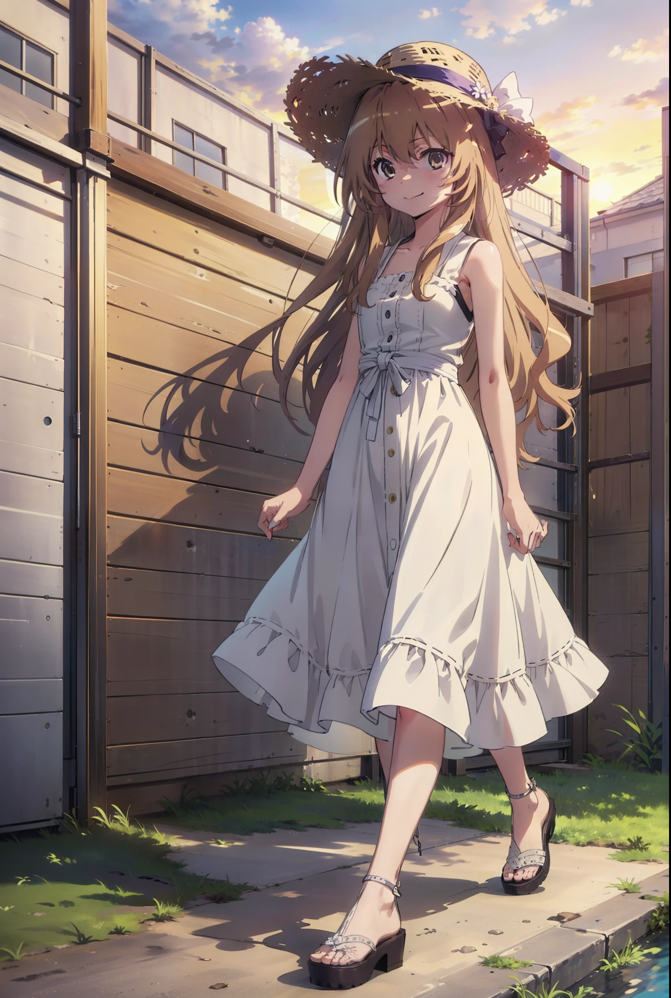 Aisaka Taiga, Aisaka Taiga, Long Hair, Brown Hair, Brown eyes,happy smile,smile, Close your mouth,Straw hat,White sleeveless dress,Long skirt,Heeled Sandals,evening,sunset,The sun is setting,whole bodyがイラストに入るように,Walking, break looking at viewer, whole body,
break outdoors,Coastal Road,In town,
break (masterpiece:1.2), Highest quality, High resolution, unity 8k wallpaper, (shape:0.8), (Beautiful attention to detail:1.6), Highly detailed face, Perfect lighting, Extremely detailed CG, (Perfect hands, Perfect Anatomy),