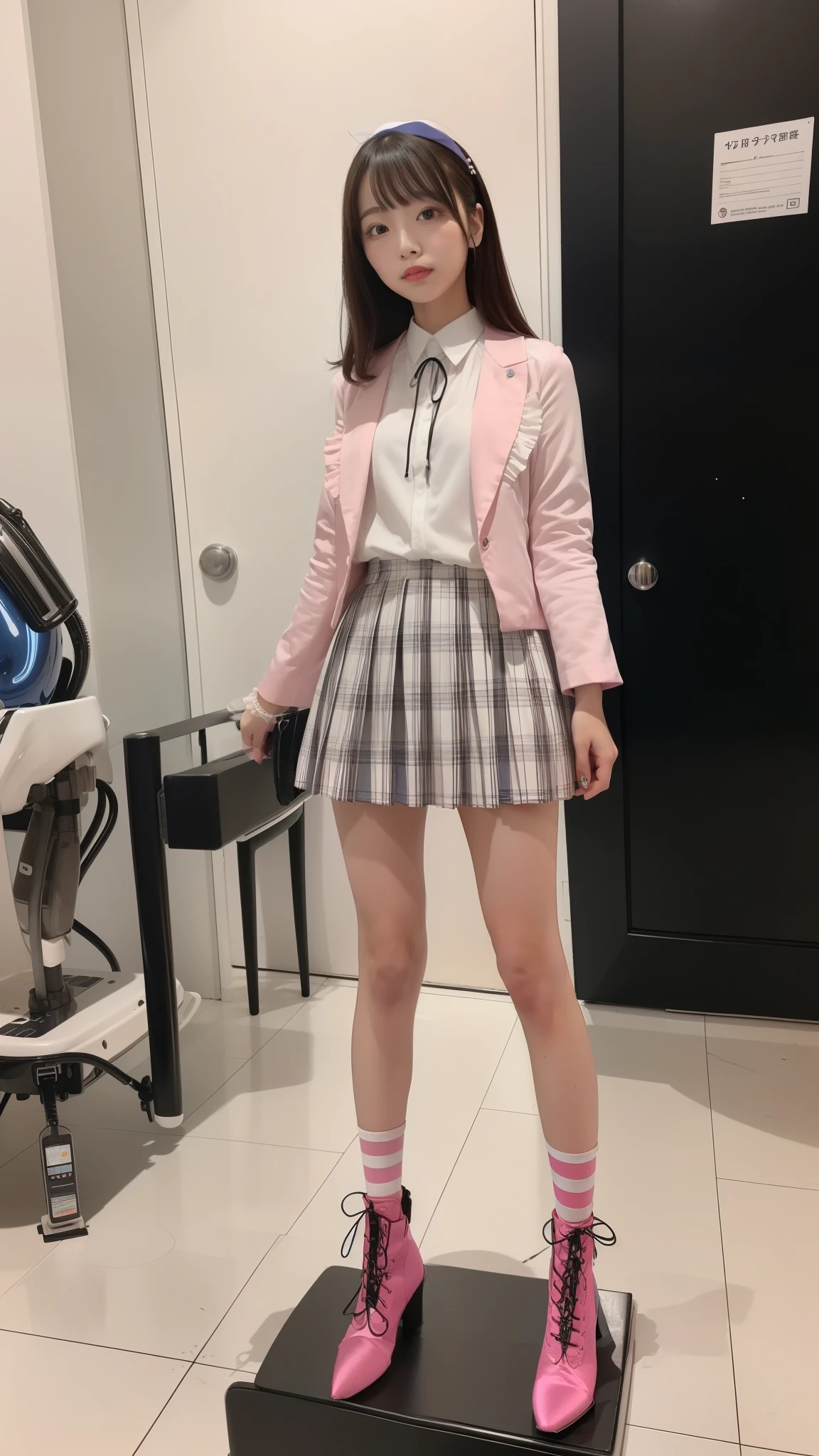Costume like a idol, blue and white half sleeve Jacket, pink satin ruffled blouse, White and pink stripe pleated skirt, white lace up boots