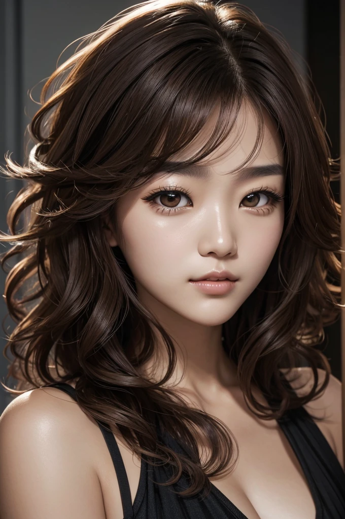 Ultra-high resolution,Medium Hair,Light curly hair,Long face,I despise,Korean,sexy,Eye level shot,Narrow eyes,Face close-up