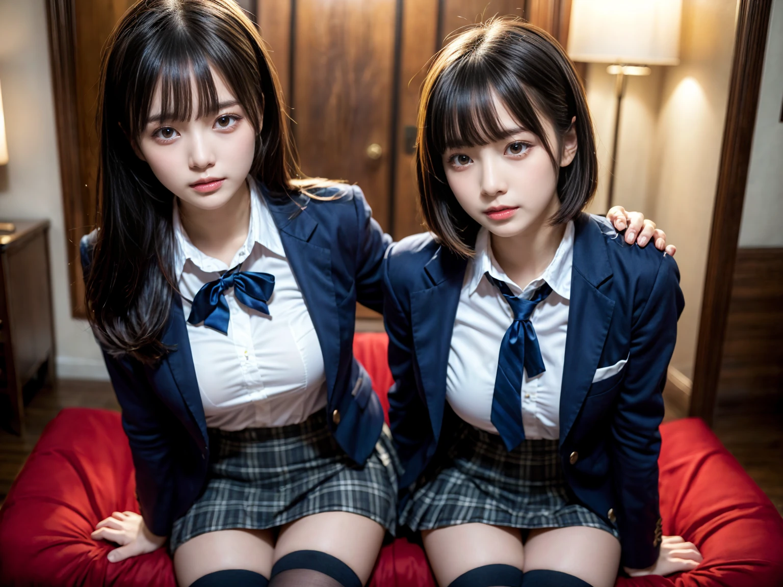 masterpiece, best quality, illustration, Super detailed, fine details, High resolution, 8K,wall paper, perfect dynamic composition,(Details High quality, realistic depiction of eyes:1.3), ((2 girls, 2 schoolgirls)), The background is a luxury hotel room、High school girl uniform、blazer 、Super Short Check Uniform Skirt、Navy blue high socks、garterbelts、Colossal tits、Disturbed uniform, Play with each other,Touching each other's bodies,Touching the body of the girl next door, short bob hair, black hair color, huge breasts, Big Natural Color Lip, bold sexy pose, (perfect body shape), crying a little、Harajuku style、Beautiful makeup,glitter makeup,Cutest 18 years old, beautiful legs, hposing Gravure Idol, Voluptuous thighs