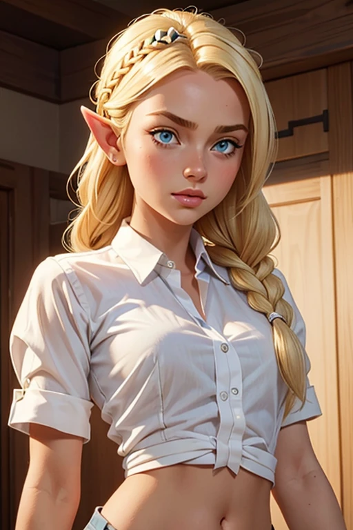 1girl, blonde hair, pointy ears, blue eyes, clothes lift, solo, hair ornament, hairclip, long hair, shirt lift, braid, looking at viewer, lips, lifted by self, horse, upper body, navel, day,white shirt,